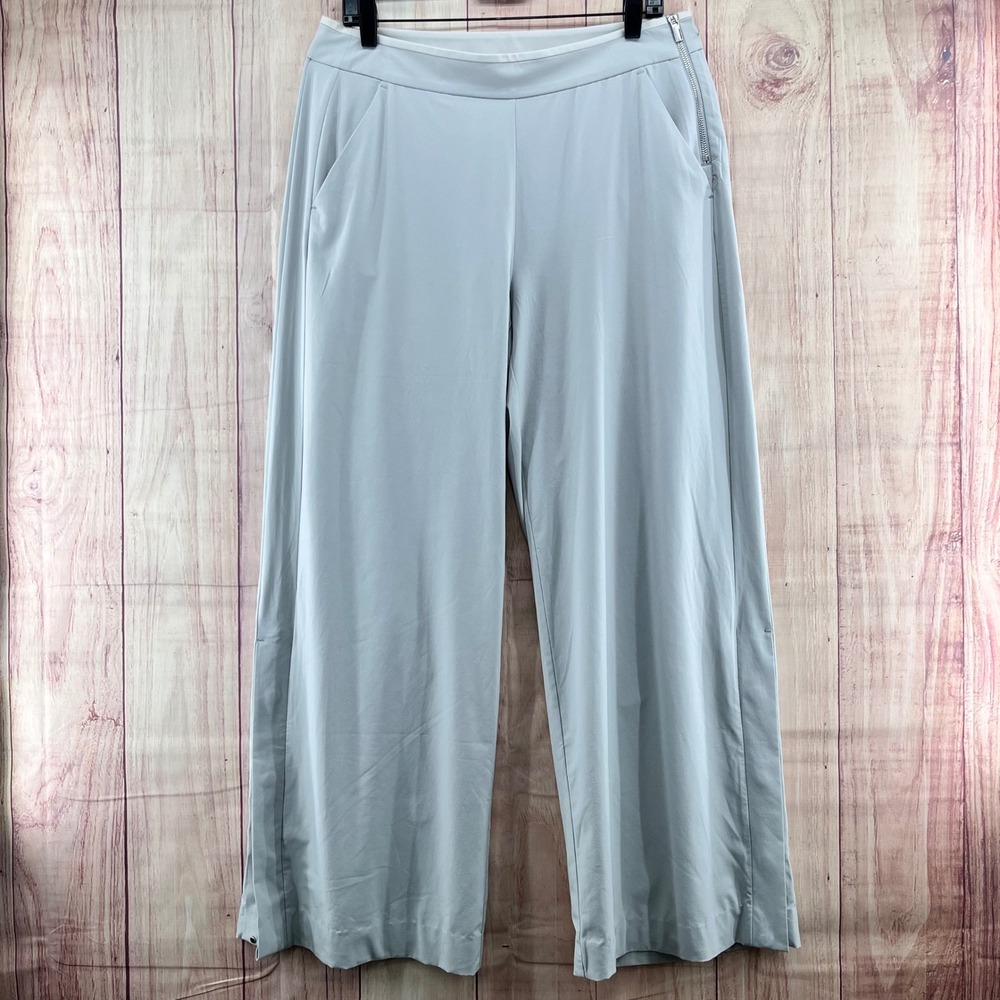 Athleta Womens Gray Wide Leg Side Zip‎ Active Travel Pants Size 12 Snap Hem